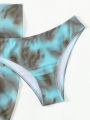 Women's 3 Piece Gradient Tie Dye Bathing Suit Lace Up High Cut Bikini with Beach Skirt.