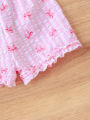 2pcs Summer Baby Girls Pink Gingham Bow Print Set, Ruffle Sleeveless Top + Shorts, Sweet Style, Daily/Outdoor Wear, 0-36M, Breat.