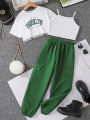 Spring/Summer Children's Fashion Trend Girls Athleisure Basic Three-Piece Letter Print T-Shirt Solid Color Halter Vest Sweatpant.