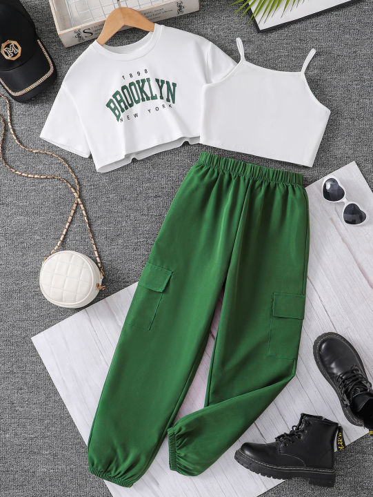 Spring/Summer Children's Fashion Trend Girls Athleisure Basic Three-Piece Letter Print T-Shirt Solid Color Halter Vest Sweatpant
