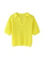 Women Fashion Pointelle Knit Loose Sweater Polo Collar Short Sleeve Female Pullovers Chic Tops. 