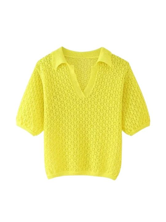 Women%20Fashion%20Pointelle%20Knit%20Loose%20Sweater%20Polo%20Collar%20Short%20Sleeve%20Female%20Pullovers%20Chic%20Tops%20-%20Image%203