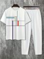 A new white casual men's set for summer 2025 featuring a cool and breathable street T-shirt and long pants.
