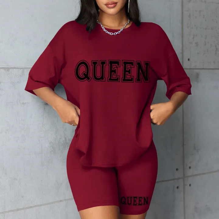 Plus%20Size%20Fashionable%20All-Match%20Shorts%20Short-Sleeved%20Suit%20Queen%20Letter%20Print%20Simple%20and%20Comfortable%20Two-Piece%20Suit%202024%20New%20-%20Image%202