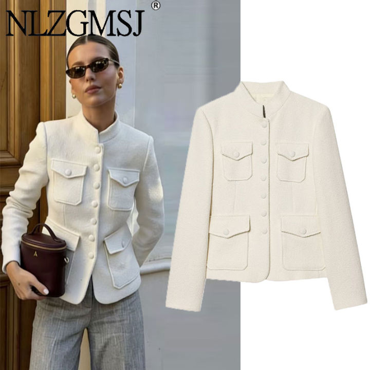 Nlzgmsj 2026 Spring Women New Fashion Long Sleeves Button With Pocket Decoration Blazer Women Elegant Hight Street Top