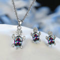 3pcs Silver-plated Necklace Earrings Set Ladies Light Luxury Fashion Style Turtle Shape With Multi Color Glass Diamond.