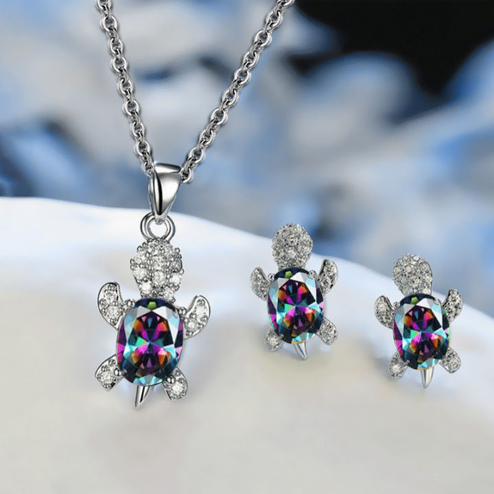 3pcs%20Silver-plated%20Necklace%20Earrings%20Set%20Ladies%20Light%20Luxury%20Fashion%20Style%20Turtle%20Shape%20With%20Multi%20Color%20Glass%20Diamond%20-%20Image%204