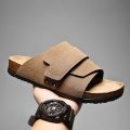 Cork Slippers Men Summer Beach Slides Suede Leather Womens Flat Sandals Fashionable Outdoor Male Mules Non Slip Babouche Femm. 