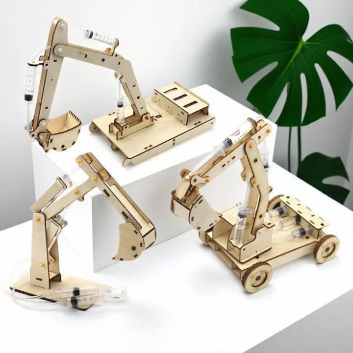 DIY wooden hydraulic excavator model children's puzzle assembly toy wooden science experiment parent-child interaction