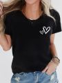 Fabric with White Hearts Fit Round Neck Summer Sports Casual Attire Women's Casual Sleeve T-Shirt Breathable Aesthetic Clothes. 