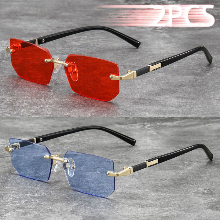 2PCS Metal Frame Colored Lenses for Women And Men Eyewear Unisex Luxury Fashion Sunglasses Rimless Rectangle Gradient Lens