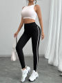 Women's High Waist Yoga Leggings Black Striped Tights Sports Pants. 