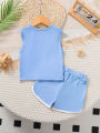 Summer Boys' Set Cartoon Cute Teddy Bear Printed Blue Top+Shorts 2Pcs/Set 0-3 Years Old Sunny Handsome Boy Baby Casual Set.