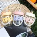 Imported 350ml Cute Girl Transparent Glass Heat Resistant Tumbler With Pearl Chain Sipper Glass Cup Portable Double Drinking Aesthetic Coffee Mug With Straw Gift For College Girls Teen hoho Mugs for Gift. 