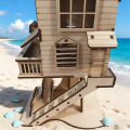 3D wooden house jigsaw puzzle model, DIY construction kit, creative treehouse building set, wooden interlocking blocks. 