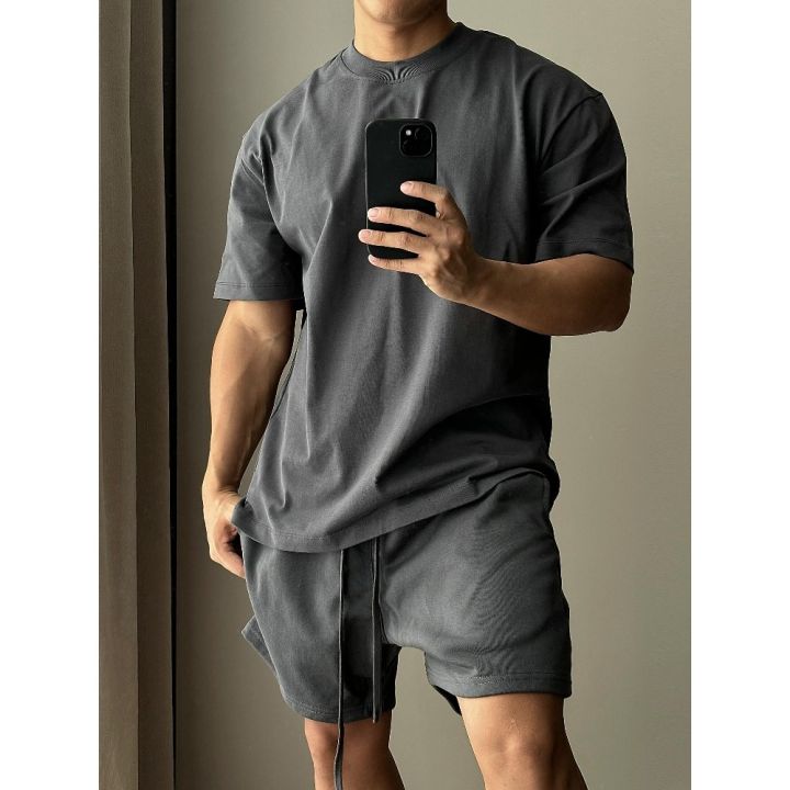 Men's%20Pure%20Cotton%20Short%20Sleeved%20Shorts%20Set,%20Trendy%20European%20and%20American%20High%20Street%20Loose%20Sports%20and%20Leisure%20T-shirt%20-%20Image%203