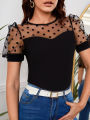 2024 spring and summer Europe and America new women's mesh polka dot stitching collage comfortable casual crew neck short-sleeve.