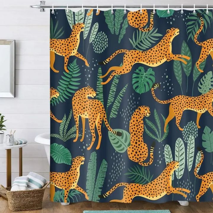 leopard%20fabric%20shower%20curtain,%20tropical%20animal%20cheetah%20shower%20curtain%20for%20bathroom,%20pink%20with%20hook%20180X180CM%20-%20Image%205