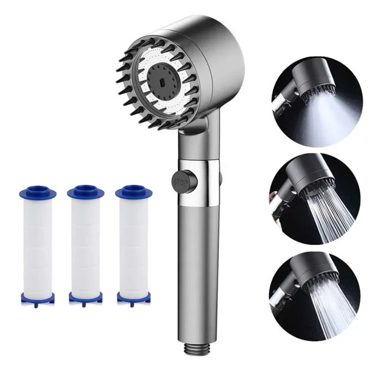 Filtered Handheld Shower Head with 3 Spray Modes, Showerhead with Stop Button, 3 Replaceable Filter Cartridges