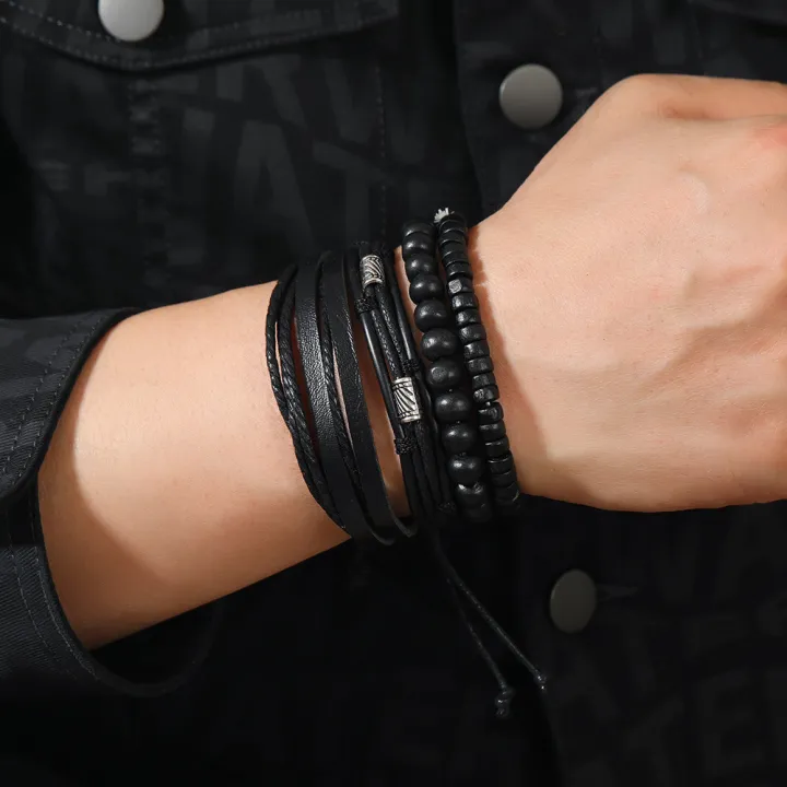 Leather Bracelet Men Hand-woven Beaded Leather Bracelet Multi-layer Set with Adjustable Bracelet Charm Bracelet Men Accessories
