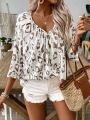 Plus Size Women Leopard Print Deep V-Neck Blouse Shirt Ladies 3/4 Sleeve Asymmetrical Shirt with Ruffled Hem & Ruched Detailing.