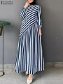 ZANZEA 2025 Fashion Autumn Stripe Dresses Women Elegant Stylish Long Sleeve Party Dress Work Vestidos Muslim Abaya Robe Femme.