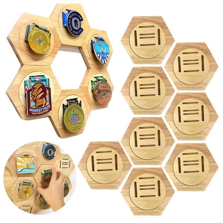 1/2/6Pcs Wooden Medal Display Stand Hexagonal Cellular Design Sports Award Storage Box Creative Wall Decor Home Decoration