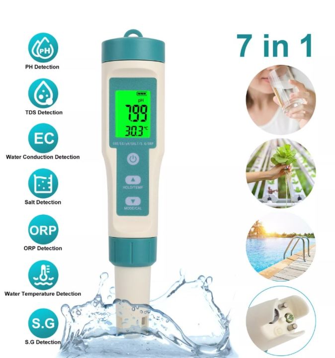 7 in 1 Water Quality Tester Meter Pen Digital LCD PH / TDS / EC / ORP / TEMP / SG / Salinity Test Testing