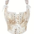 Women's Bow Tie Strap Jacquard Corset Top Front Lace Up Square Neck Cropped Waist Cincher Bustier.