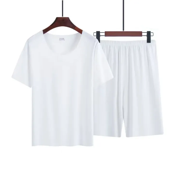 New%20Ice%20Silk%20Short-Sleeved%20Pyjamas%20for%20Men%20Summer%20Homewear%20Set%20Modal%20Seamless%20Crew%20Neck%20Lightweight%20Short-Sleeved%20T-Shirt%20Set%20-%20Image%204