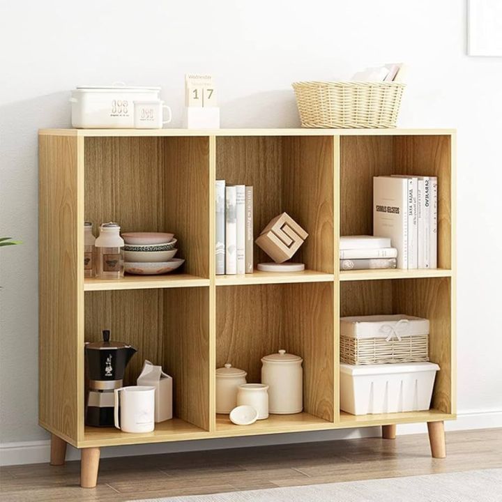 Freestanding Open Cubes Bookcase - 2-Tier Floor Standing Wooden Storage Display Cabinet Organizer with Legs for Home Office, 6-Cubes Open Shelf Low Short Bookshelf