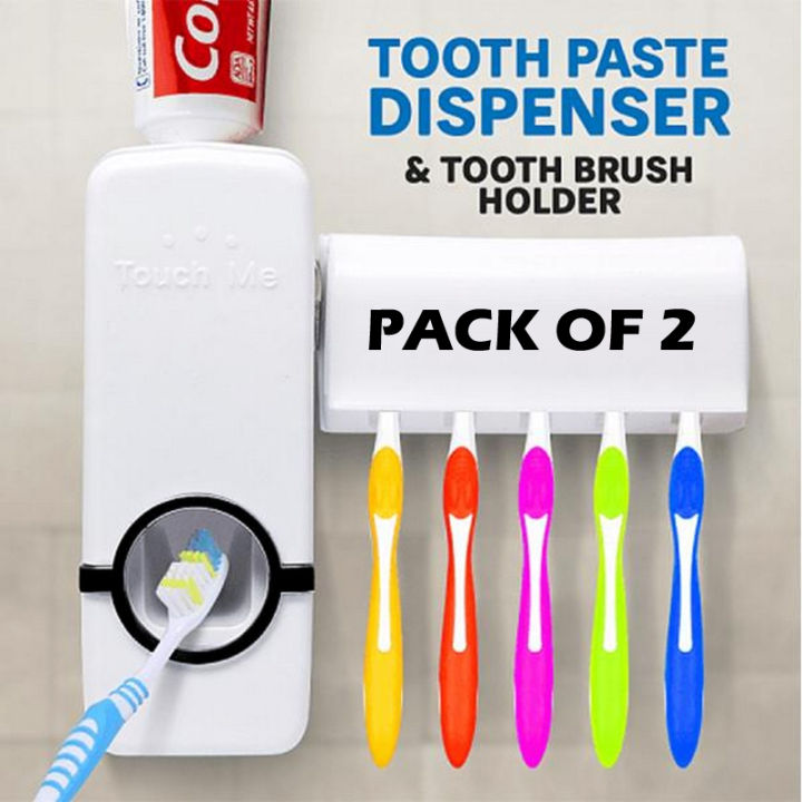 Toothpaste Dispenser & Toothbrush Holder Set - Wall Mounted, White ...