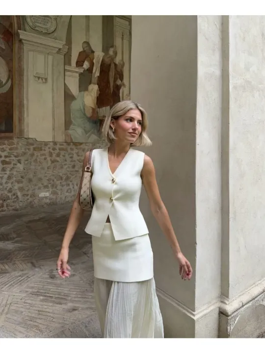 TRAF%20Women%20Knitted%20Sets%20Loose%20Skirt%20Set%202%20Pieces%202024%20Summer%20Button%20V-neck%20Vest%20Top%20Ankle-Length%20Skirt%20Lady%20Street%20Outfit%20-%20Image%203
