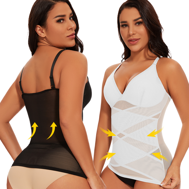 Women Compression Corset V Neck Cross Mesh Body Shaper Seam-free Tank Top Tummy Control Underwear Slimming Camisole Bustier