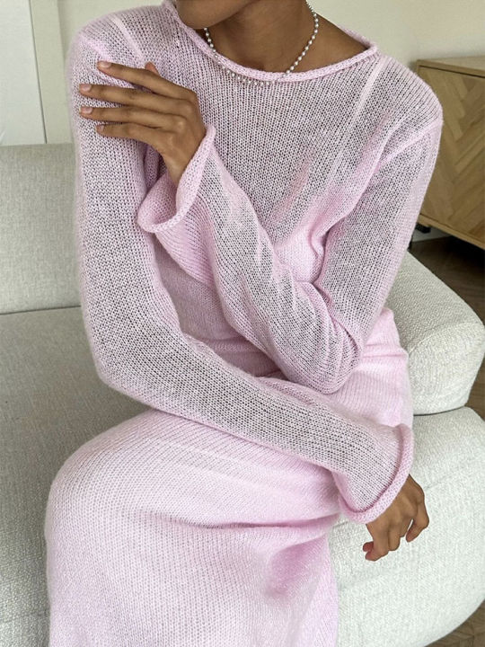 Spring%20Autumn%20O-Neck%20Elastic%20Knit%20Long%20Dresses%20Women%202024%20Elegant%20Chic%20Soft%20Lady%20Hollowing%20Sweater%20Dresses%20Femme%20New%20-%20Image%204