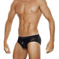 UXH Mens Bikini Swimwear With Push-Up  Bulge Enhancing Hollow Out Pure Black Translucent Swimming Briefs Hi-Q Quick-drying. 