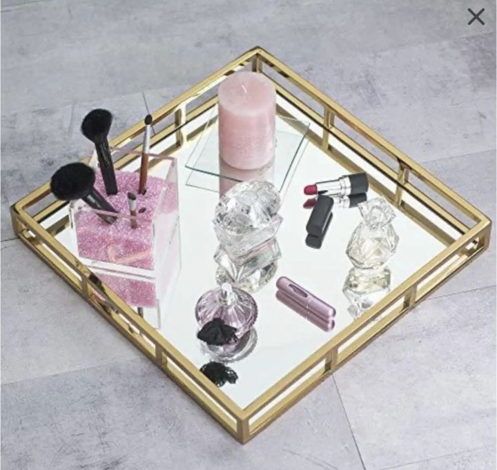 Mirror Vanity Tray, Gold Perfume Tray with Side Rails Ideal for Makeup, Jewelry  tray and vanity serving tray