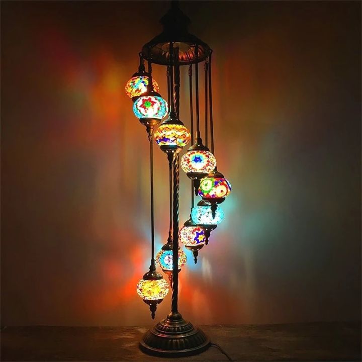 American Vintage Glazed Floor Lamp Jiutou Light Glass Material Cozy Design Romantic Living Room Bedroom Ethnic Customs Lighting