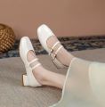 2025 New Women's Burgundy Patent Leather Mary Jane Pumps - Vintage-Inspired Double Gold Buckle Low Block Heel Dress Shoes.