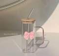 350ML Square Mug with Lids and Straws with Bow Water Cup Household Cup Female Milk Coffee Cups with Pink Handle Gift.