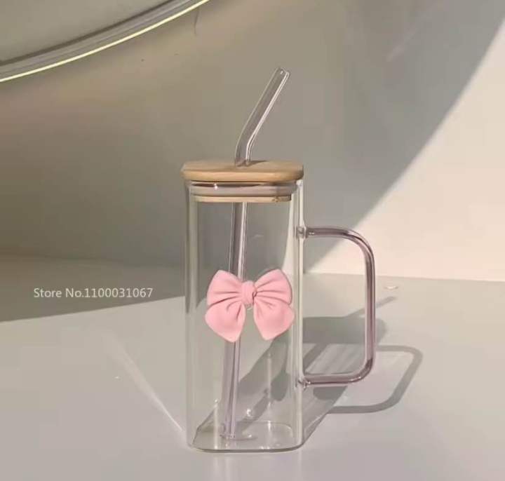 350ML Square Mug with Lids and Straws with Bow Water Cup Household Cup Female Milk Coffee Cups with Pink Handle Gift