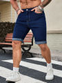 Men's Dark Blue Denim Shorts, Straight Fit Rolled Hem Jean Shorts. 
