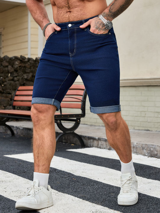 Men's%20Dark%20Blue%20Denim%20Shorts,%20Straight%20Fit%20Rolled%20Hem%20Jean%20Shorts%20-%20Image%203