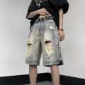 Summer ripped denim shorts men's cropped pants trendy brand fat plus fat plus plus plus size loose beggar mid pants horse pants. 