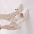 Ladies Elegant Beige Pointed Toe Thin Strap Cross Buckle Mid Heel Sandals Daily Office Shoes.