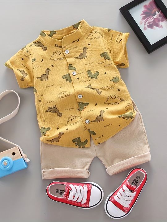 Infant%20Toddler%20Summer%20Dinosaur%20Print%20Short%20Sleeve%20Shirt%20And%20Shorts%20Set%20Fashionable%20Outdoor%20Standing%20Collar%20Top%20for%20Kids%20-%20Image%207
