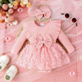 2PCS Autumn 0-1 Year Old Girl Baby Sweet And Cute Round Collar, Pit Strip, Flower Skirt, Long-Sleeved Suit + Bow Hair Band. 