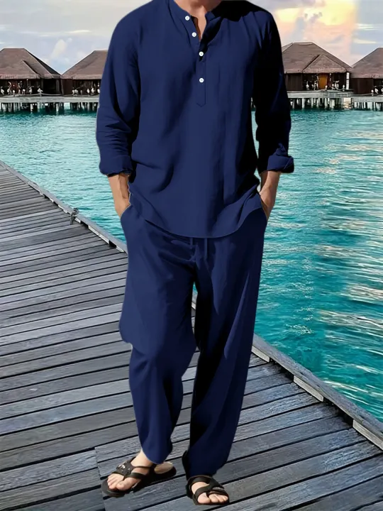 New%20Long%20Sleeve%20Henley%20Shirt%20Pants%20Suit%20Men%20Lightweight%20Breathable%20Streetwear%20Solid%20Color%20Business%20Button%20Polo%20Shirts%20Long%20Pants%20-%20Image%204