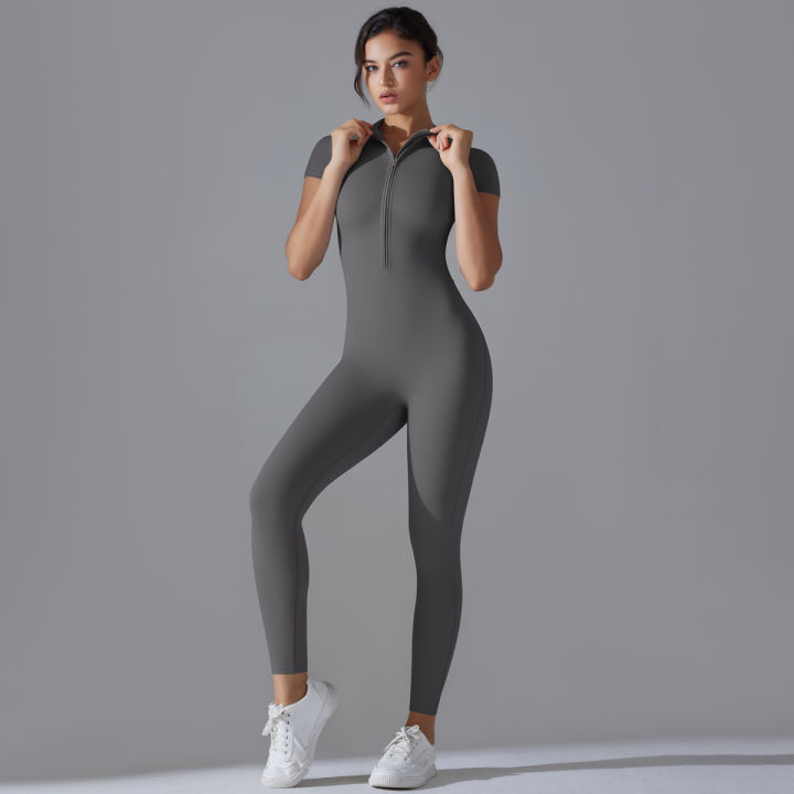 Yoga%20Set%20Women's%20Jumpsuits%20One-Piece%20Suit%20Zipper%20Short%20Sleeve%20Gym%20Push%20Up%20Workout%20Clothes%20Fitness%20Bodysuit%20Sportswear%20Tracksuit%20-%20Image%205