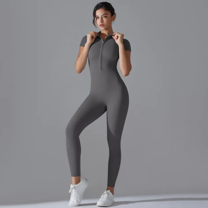 Yoga%20Set%20Women's%20Jumpsuits%20One-Piece%20Suit%20Zipper%20Short%20Sleeve%20Gym%20Push%20Up%20Workout%20Clothes%20Fitness%20Bodysuit%20Sportswear%20Tracksuit%20-%20Image%205